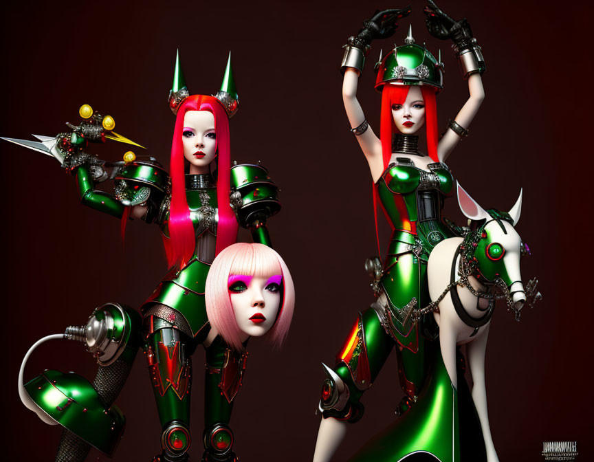 Futuristic female warriors in red and green armor with robotic horse and weapons.