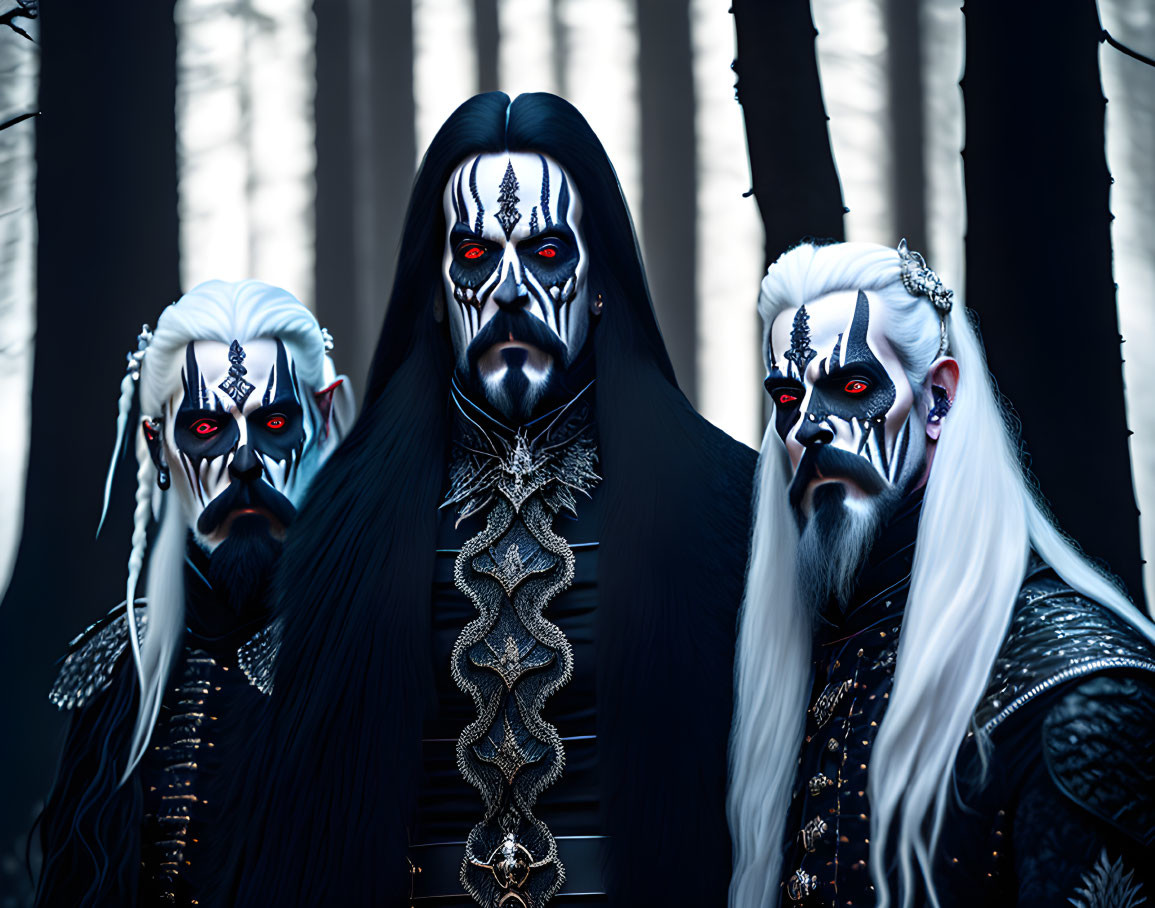 Three individuals with dark makeup and white hair in mysterious forest setting