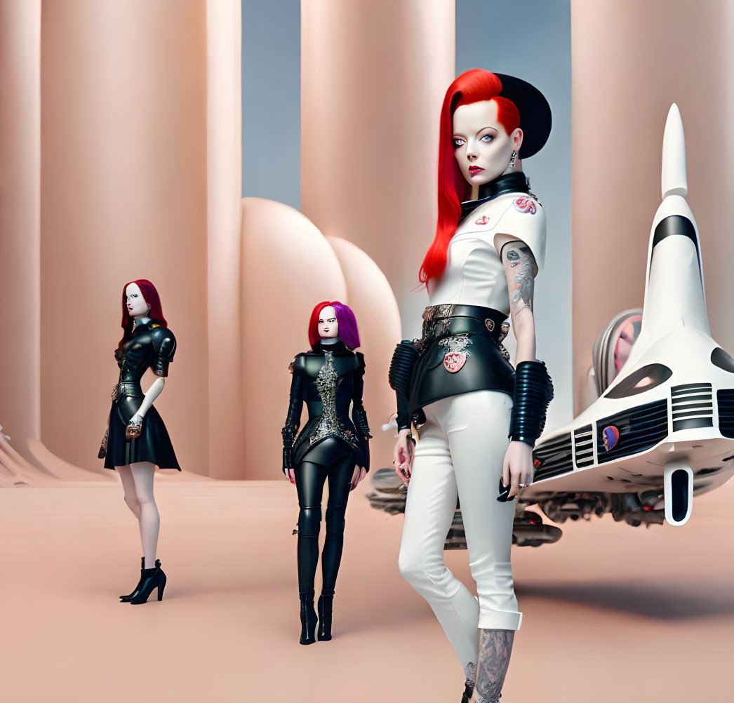 Three women with red hair and tattoos in futuristic outfits by white spaceship