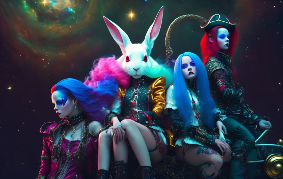 Colorful characters in futuristic costumes against cosmic backdrop