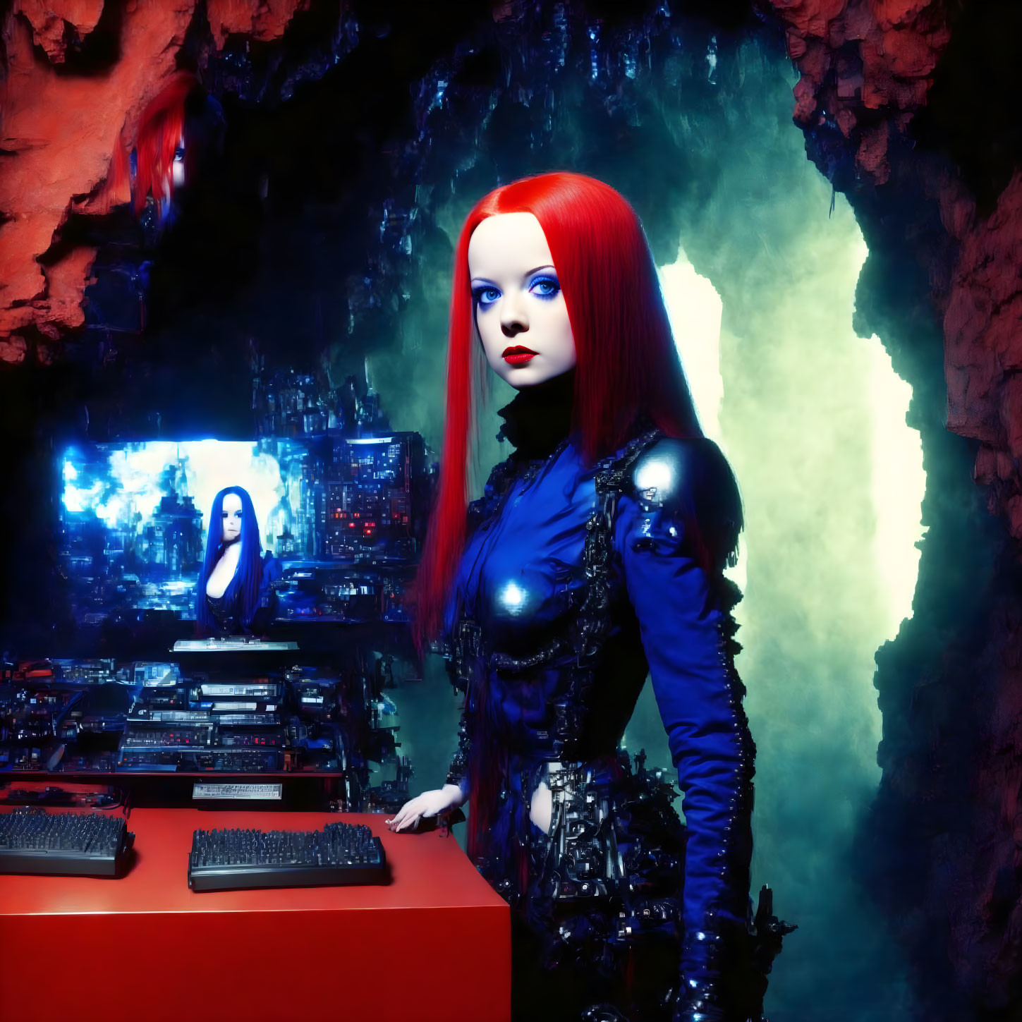 Striking red-haired woman in futuristic attire in neon-lit cave