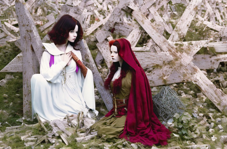 Two women in fantasy costumes among wooden crosses and debris - Gothic fairy tale setting