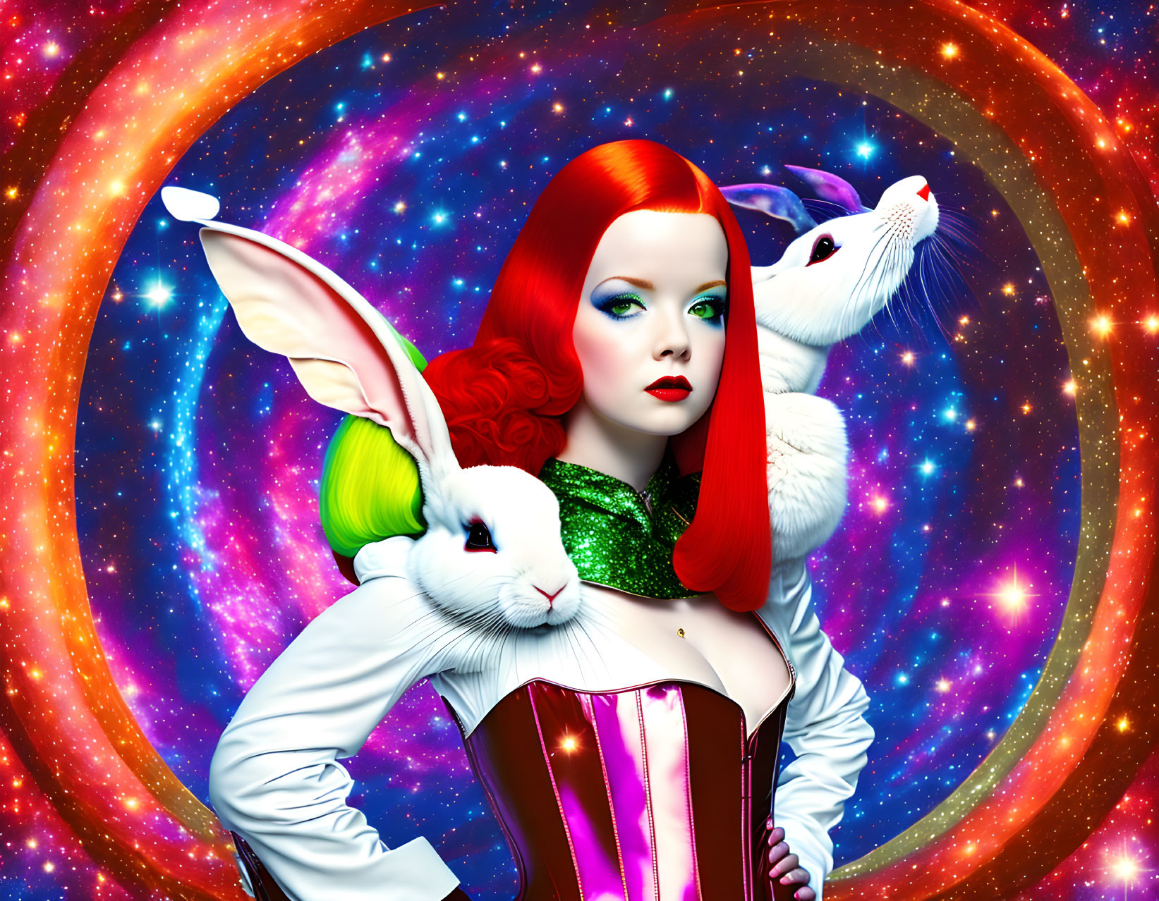 Fantasy illustration: Red-haired woman, white rabbits, galaxy backdrop
