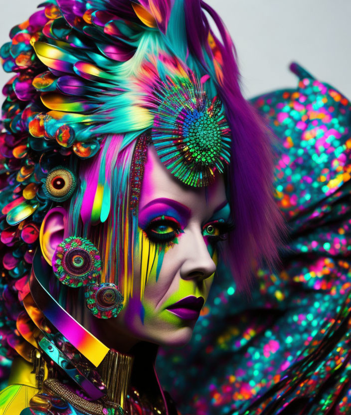 Colorful portrait with peacock feather decorations and exotic hairstyle