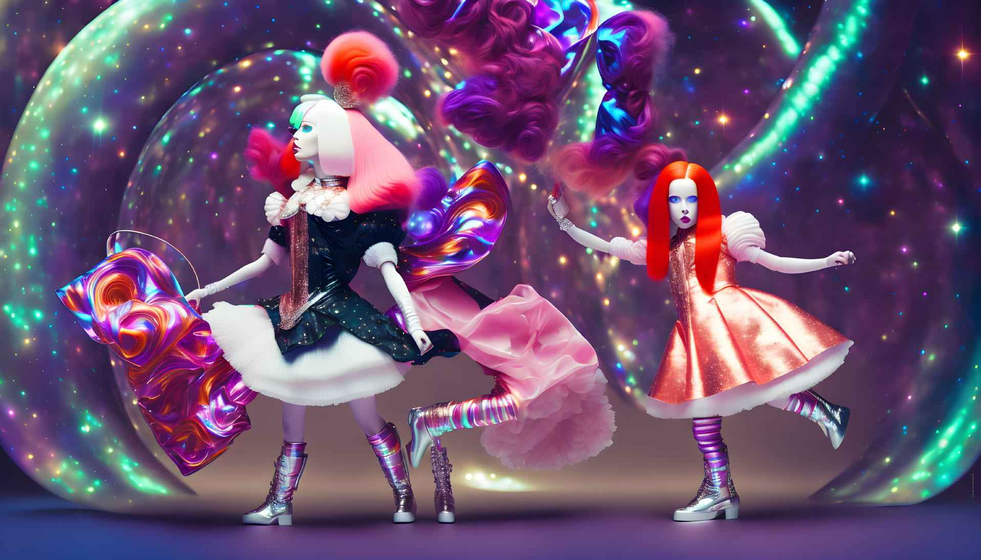 Exaggerated futuristic fashion models in cosmic setting