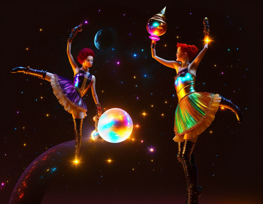 Iridescent Tutu Ballerinas Balancing Planets in Cosmic Scene