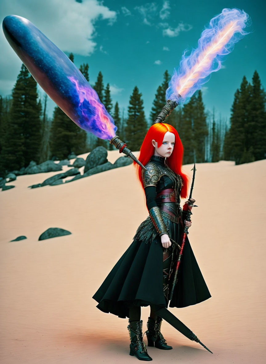 Female warrior with red hair wields blue fiery sword in fantasy desert scene