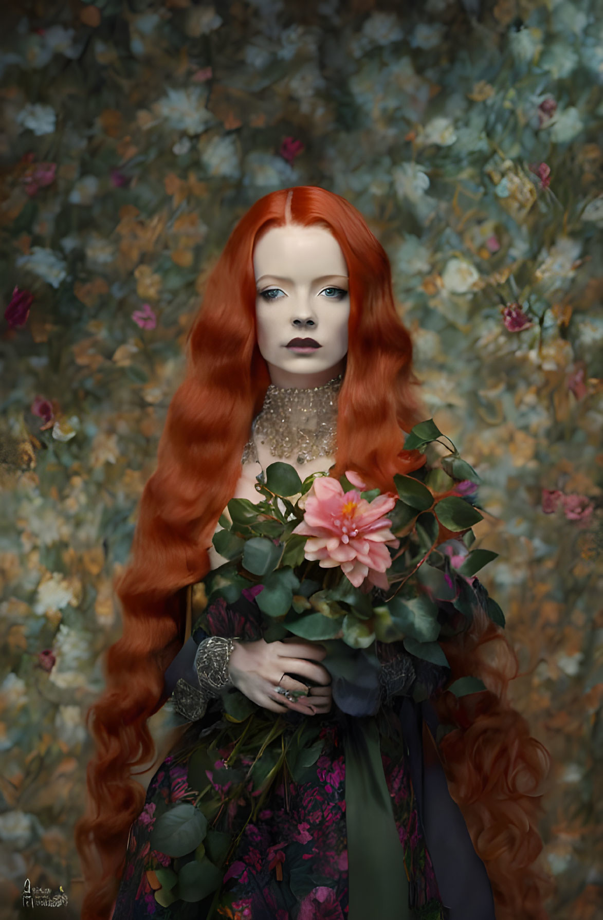 Woman with Long Red Hair Holding Rose in Vintage Floral Setting