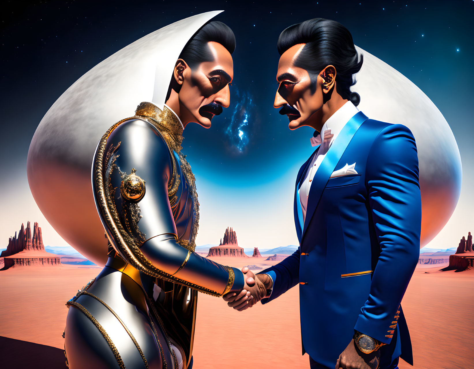 Futuristic suit and blue tuxedo figures shaking hands in surreal desert landscape