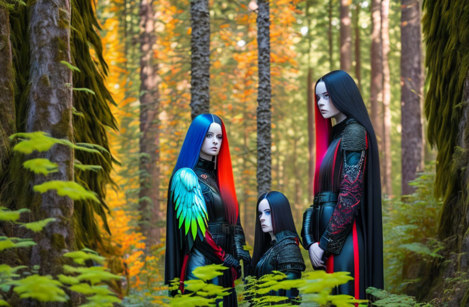 Colorful hair and wings: Trio in stylized costumes in serene forest