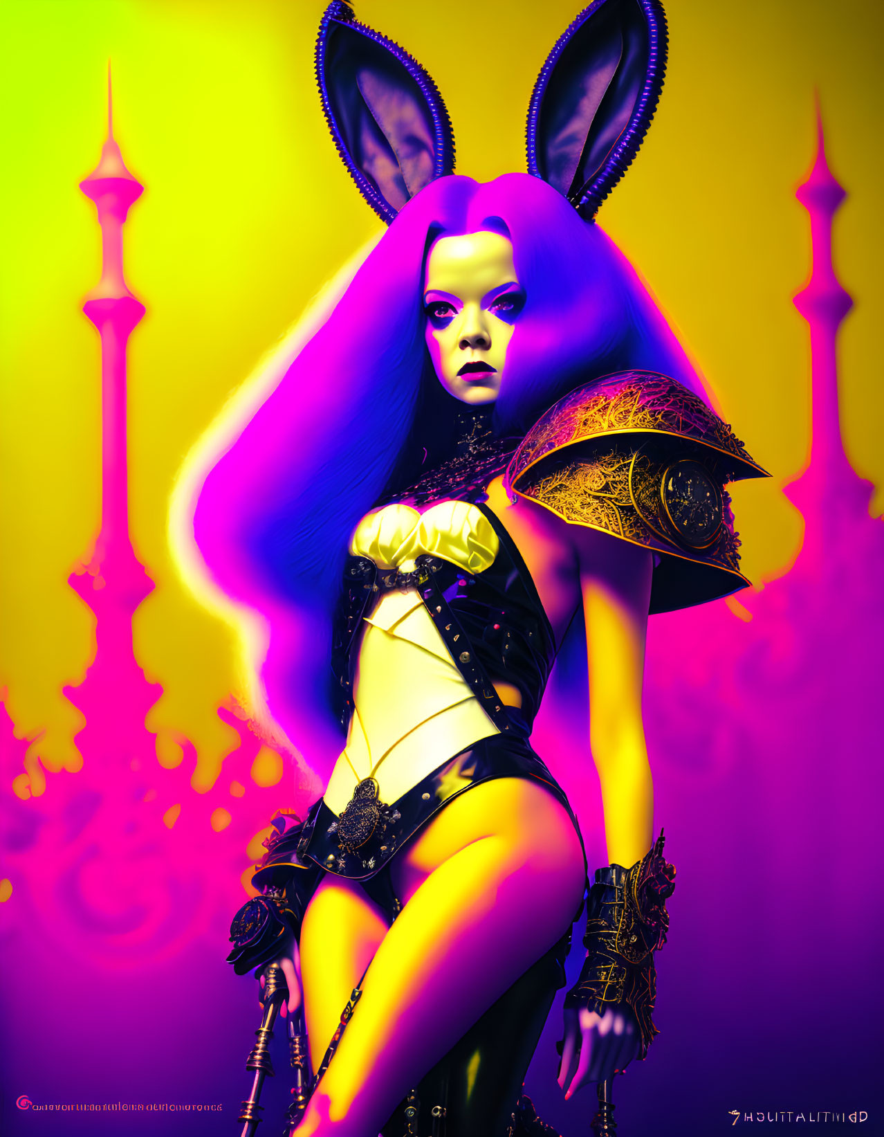 Colorful digital art: Female figure with rabbit ears, purple hair, fantasy armor, neon yellow and