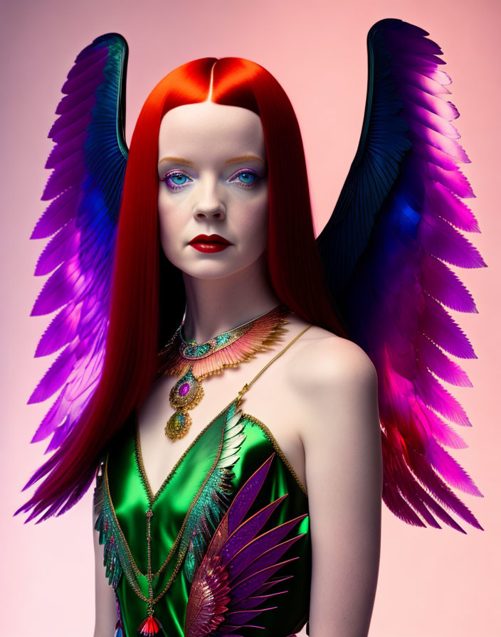 Colorful portrait of woman with red hair and blue eyes in green dress and feathered wings