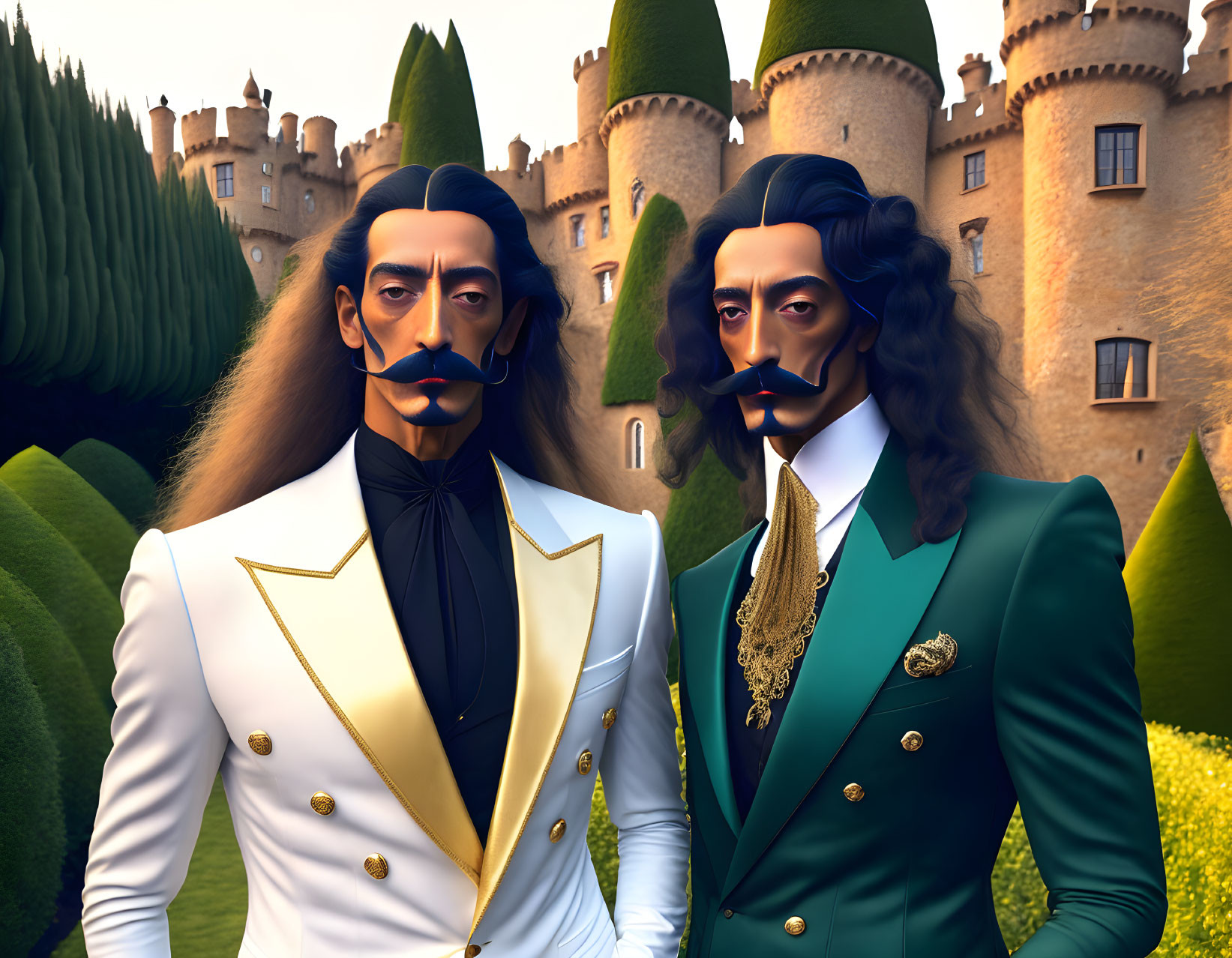 Stylized animated male characters in front of castle and hedges