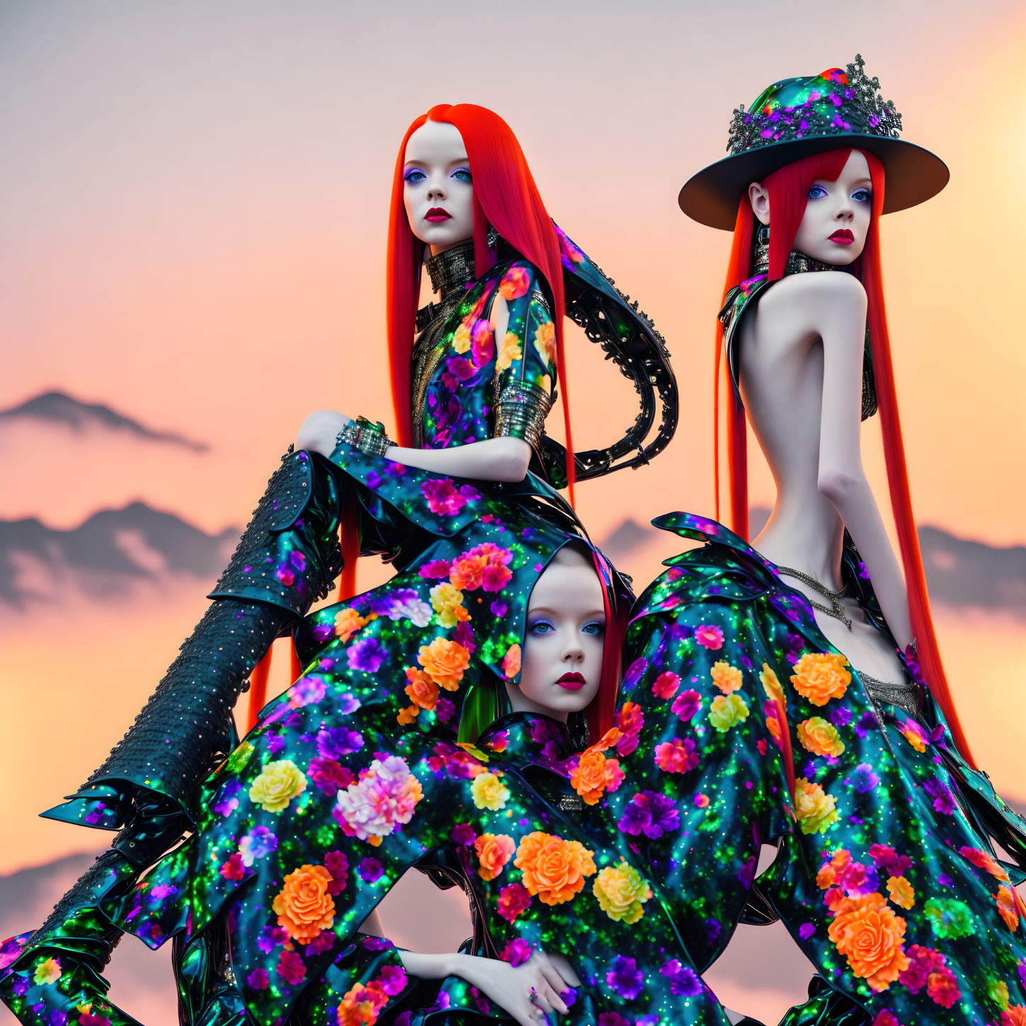Vibrant mannequins with red hair in floral outfits against orange sky