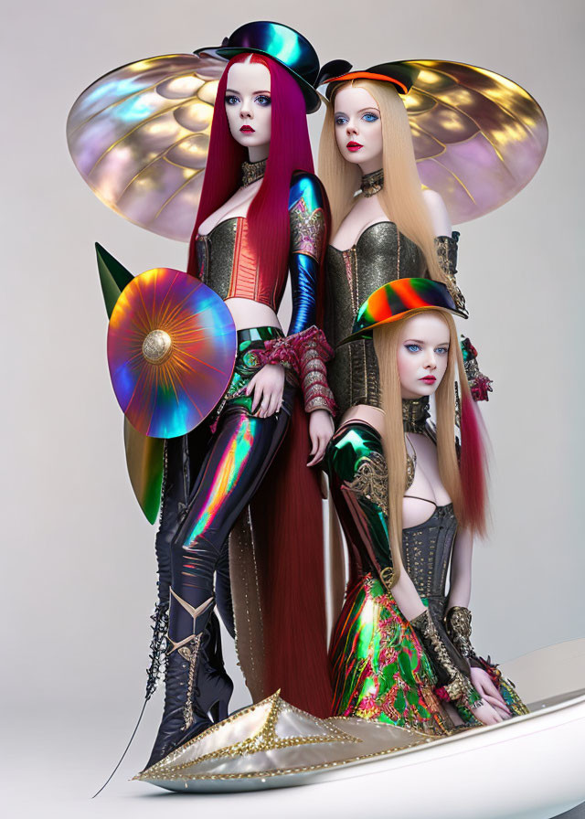 Three women in futuristic, colorful outfits with iridescent accessories posing against neutral background