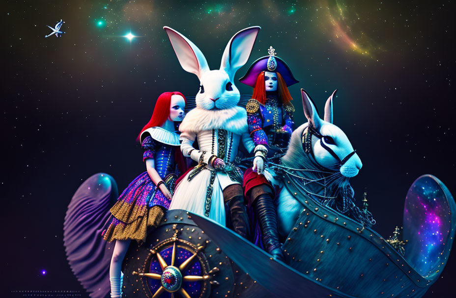 Whimsical trio with rabbit heads in royal attire sailing among stars in cosmic scene