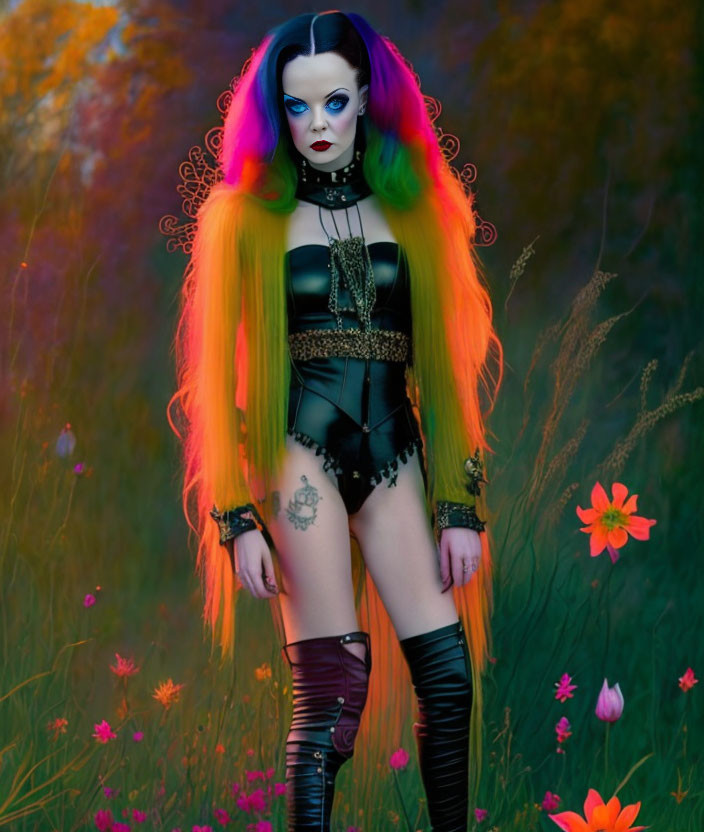 Rainbow-haired person in gothic makeup in orange-pink field outfit.