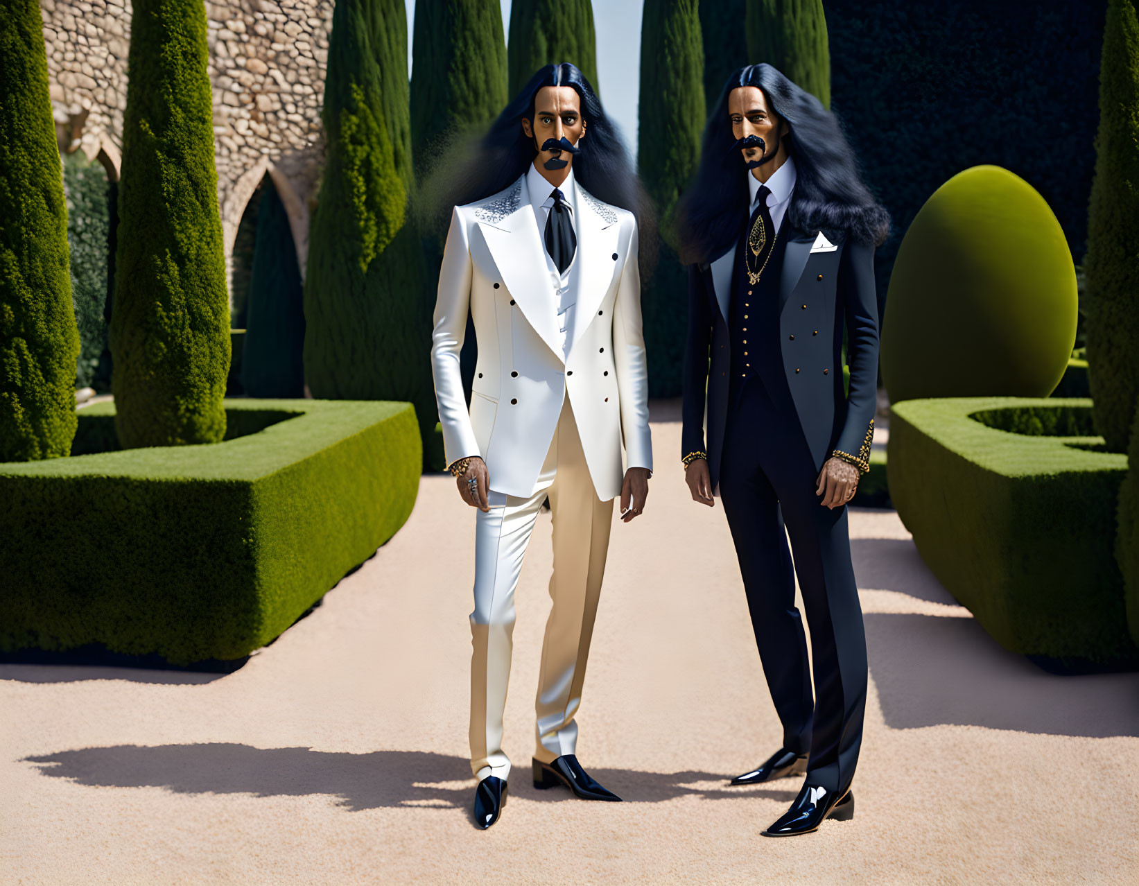 Stylish men in white and navy suits pose confidently in a manicured garden