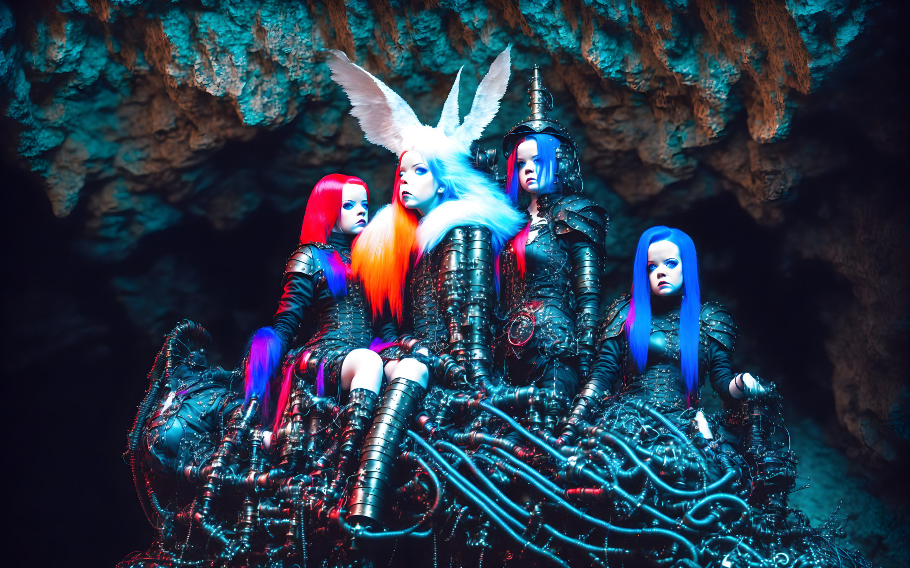 Futuristic costumes with bright hair, cybernetic elements, and mechanical rabbit head in dark cave