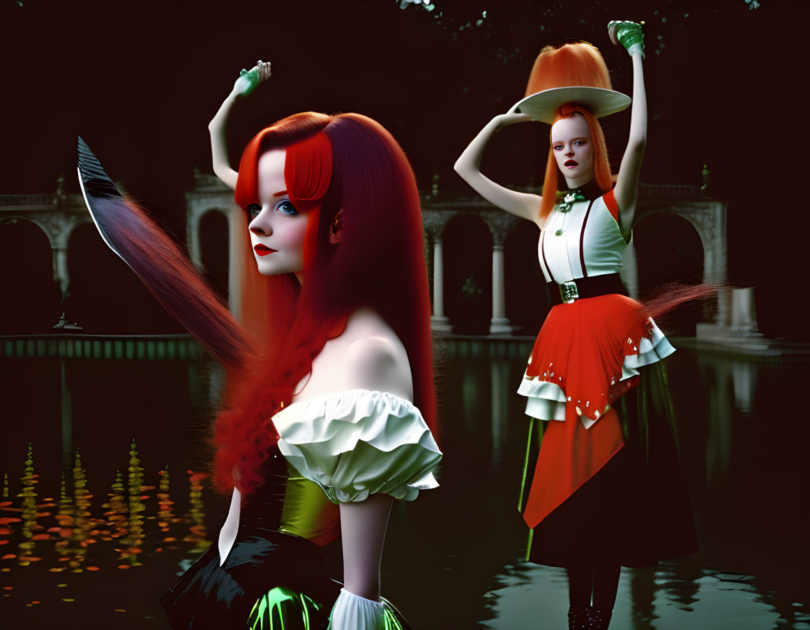 Stylized women with red hair hats by pond at dusk