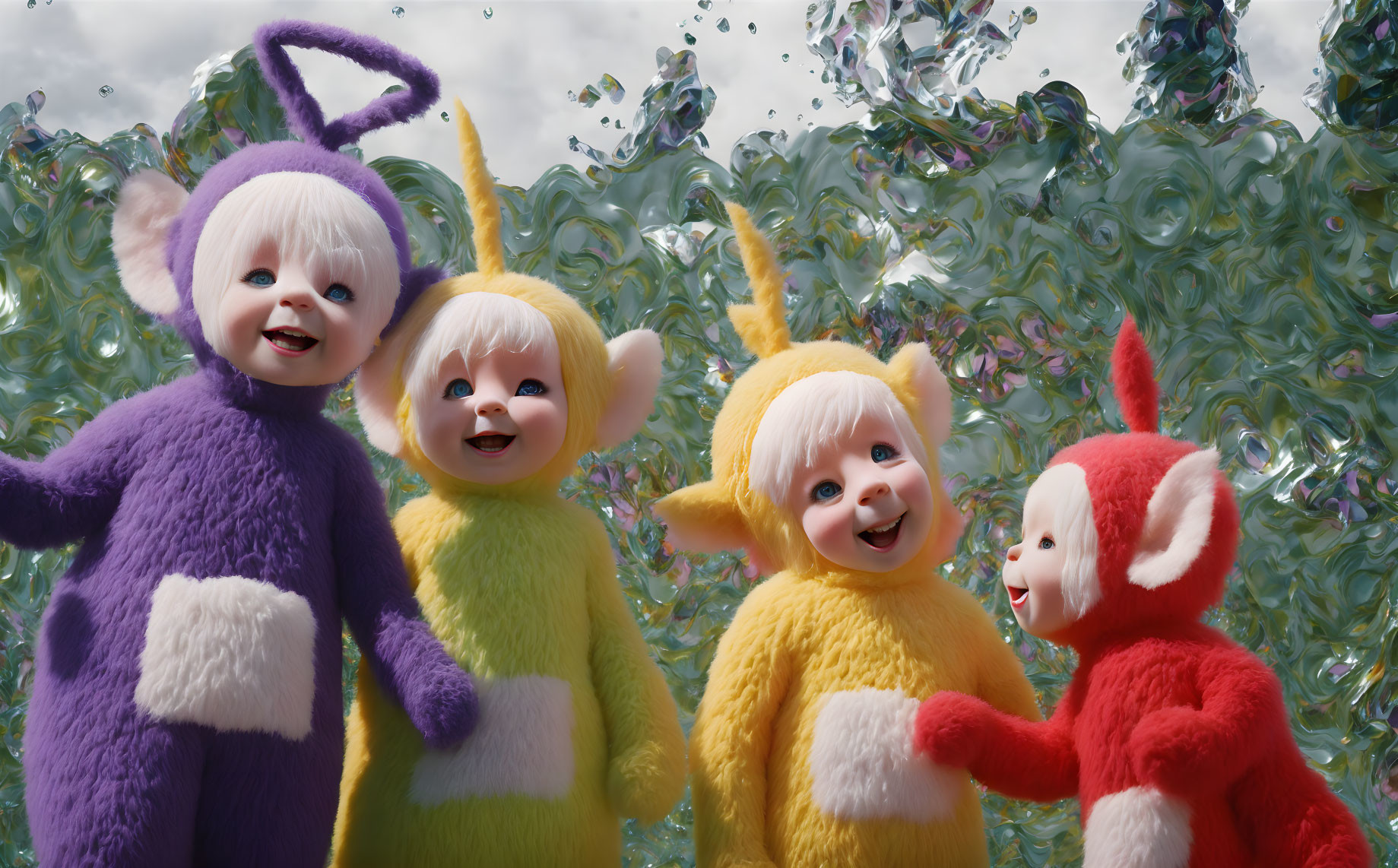 Four smiling Teletubbies characters in colorful attire with a bubble backdrop.