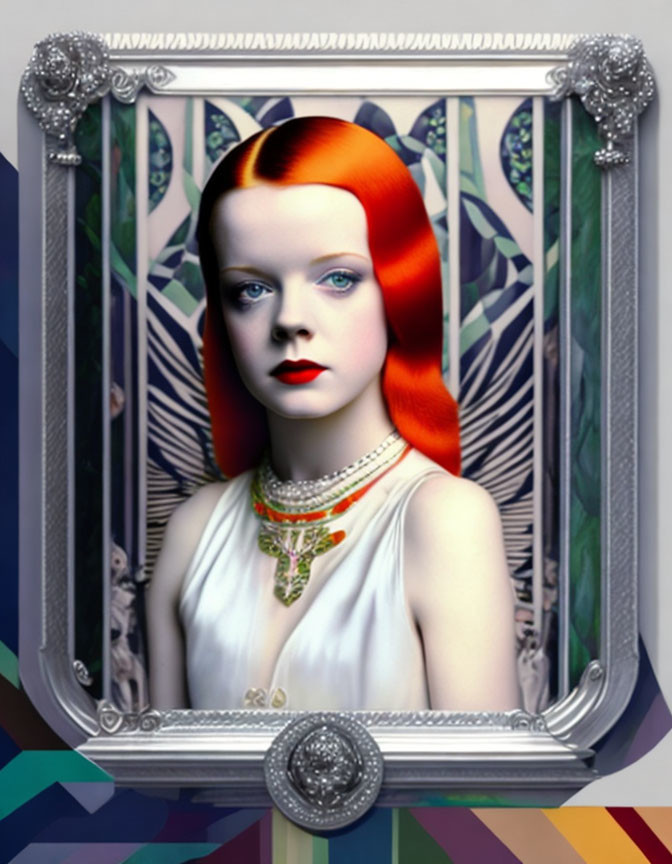 Surreal portrait of woman with red hair and blue eyes in decorative frame
