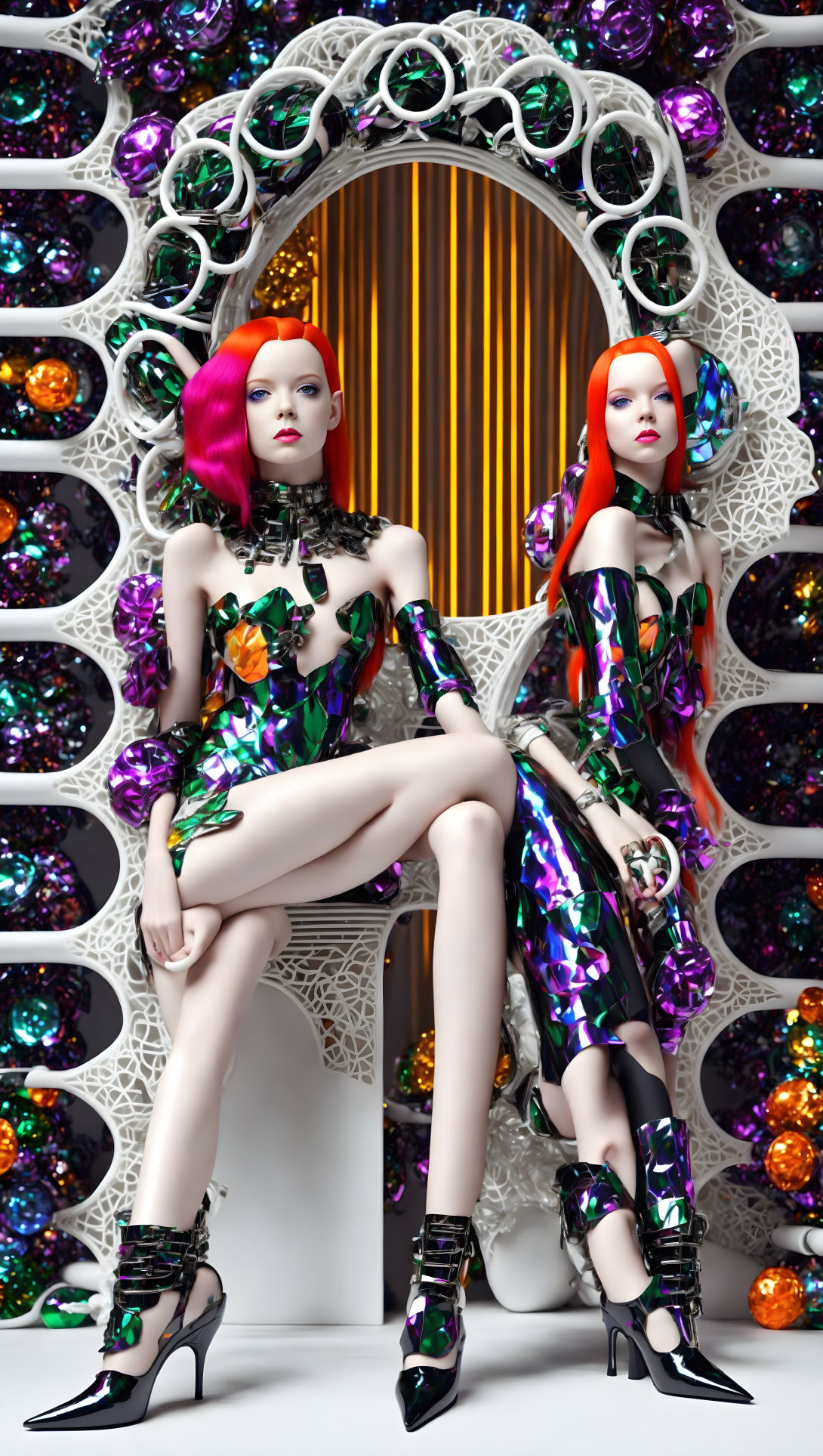 Colorful hair mannequins in metallic floral dresses mirror pose with shiny spheres