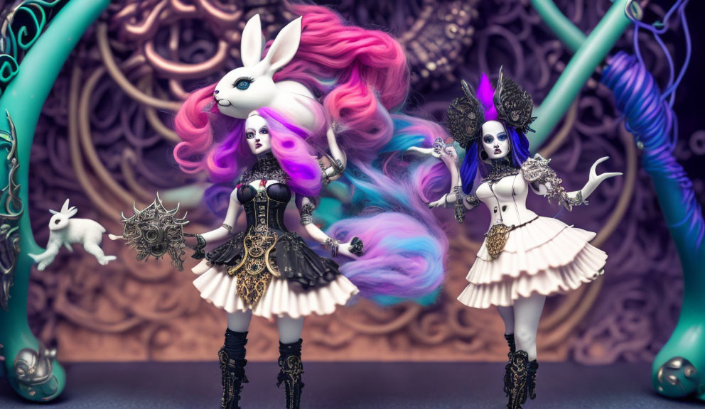 Fantasy dolls with gothic outfits: rabbit head and skull face on ornate backdrop