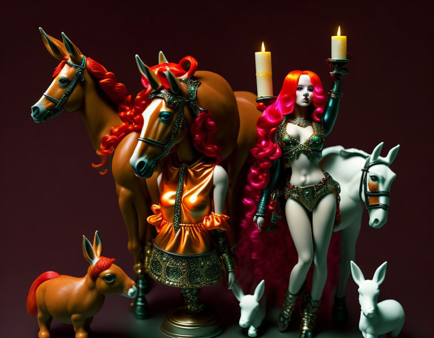 Red-haired woman figurine with candles and horse figures on maroon backdrop
