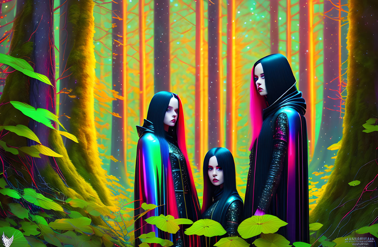 Enigmatic characters in dark cloaks in vibrant mystical forest