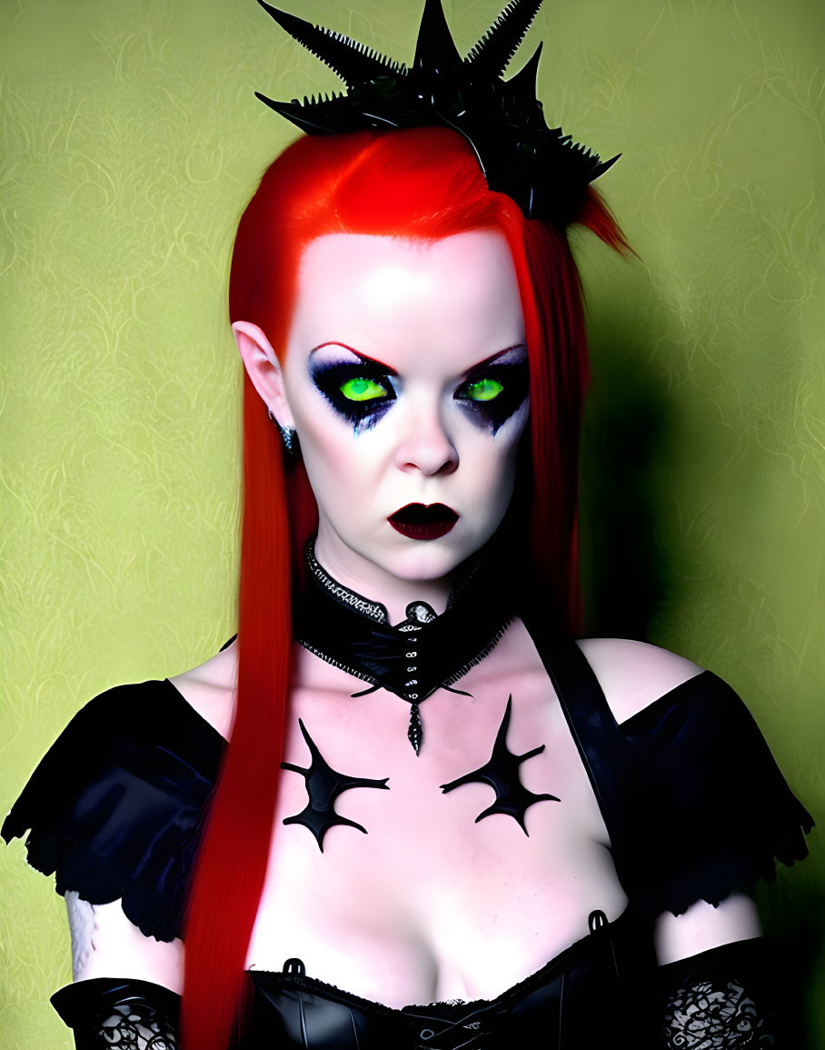 Individual with red hair, blue eyeshadow, black lipstick, gothic attire, spiked headpiece