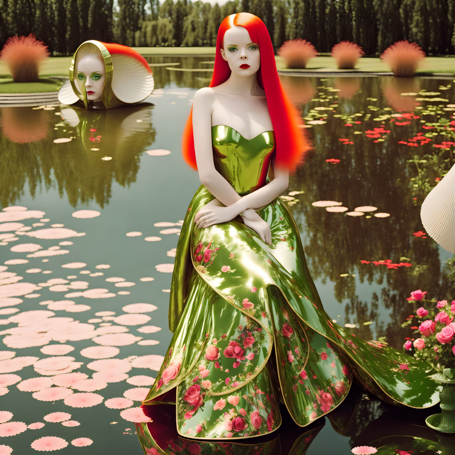 Digital artwork of woman with red hair and green dress by pond with lilies.