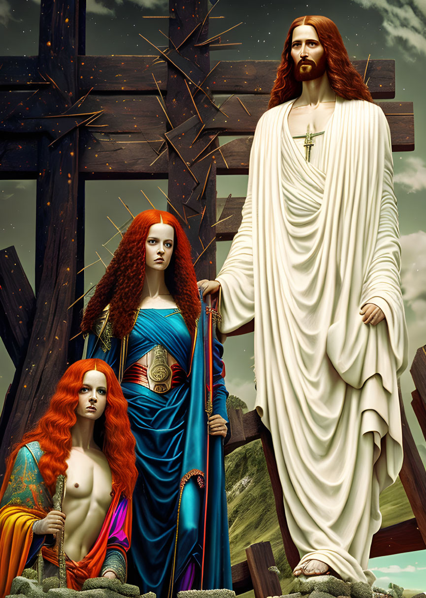 Digital artwork: Male figure in robe with cross necklace, flanked by two females with vibrant hair,