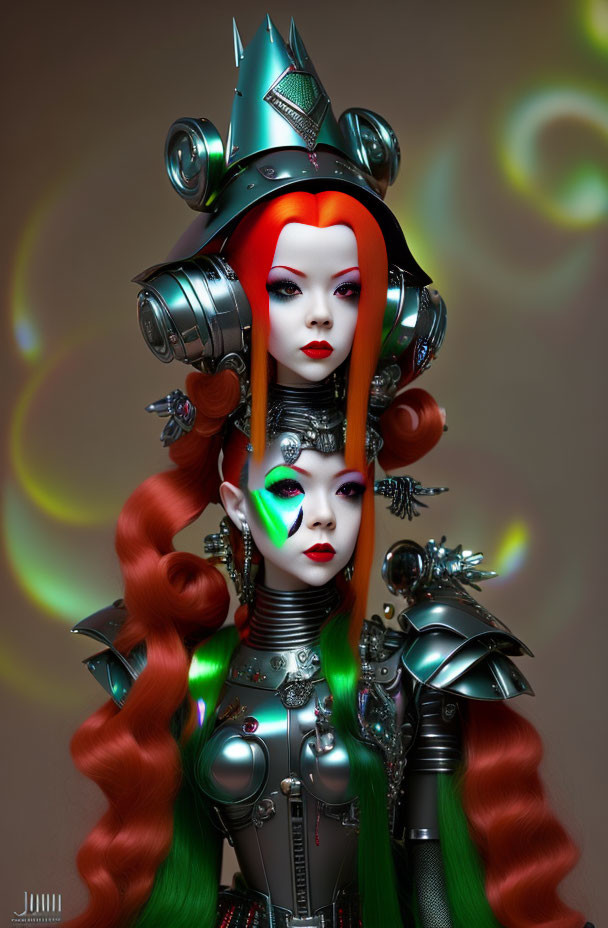 Surreal futuristic portrait of two figures with red hair in metallic armor