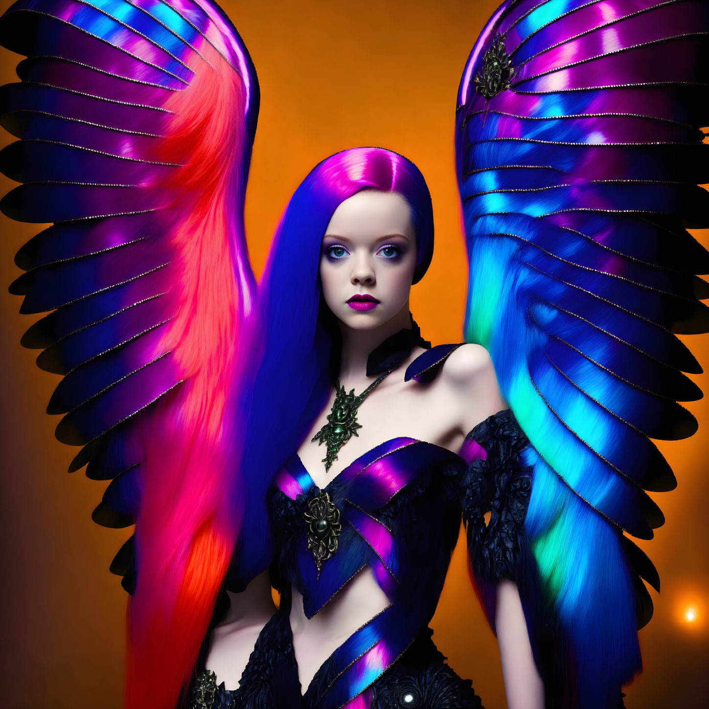 Colorful person with rainbow wings and purple hair on orange background in dark feathered outfit