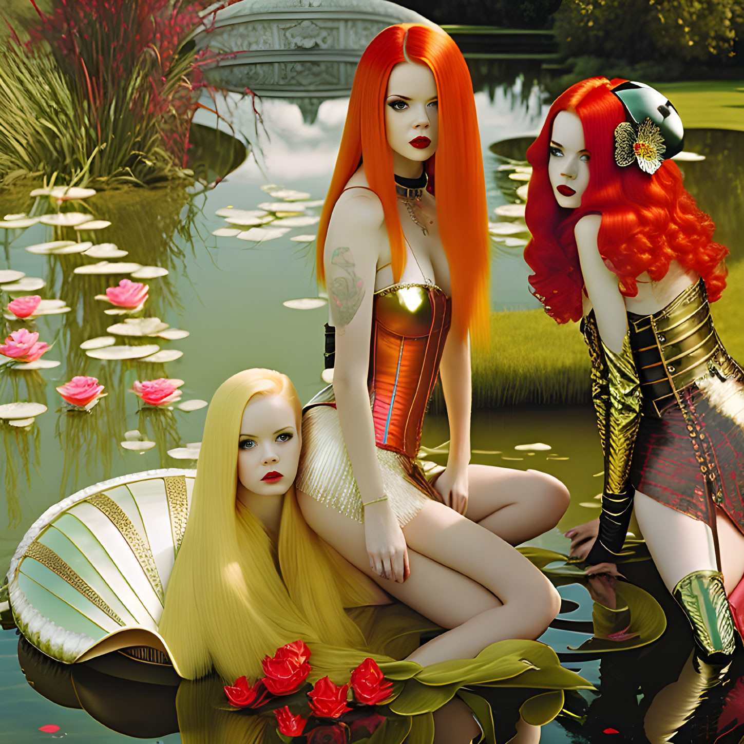 Three women with vibrant hair and unique outfits by a pond with water lilies