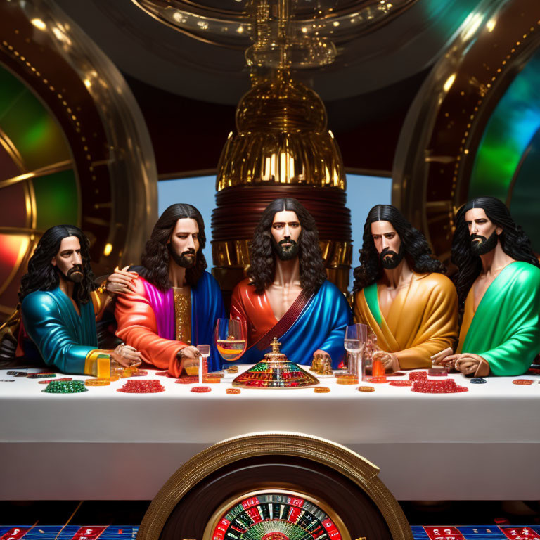 Group of five recreating Last Supper at casino table.