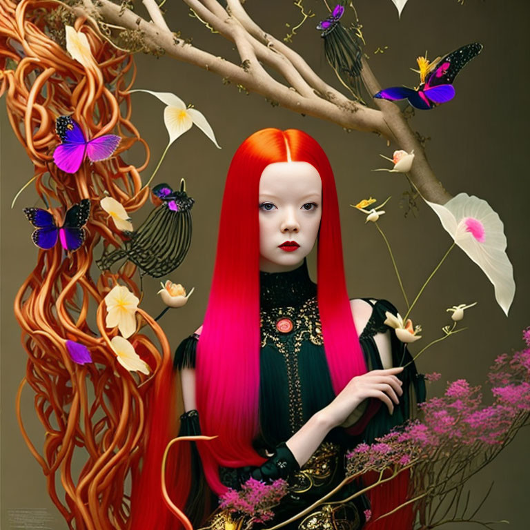 Illustration of woman with red hair among butterflies, flowers, and branches in ethereal setting