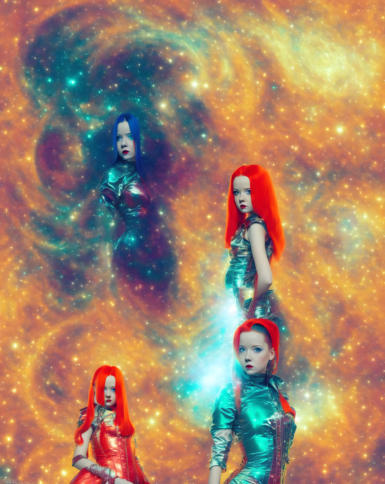 Four Women in Colorful Hair & Futuristic Space Suits Against Cosmic Background