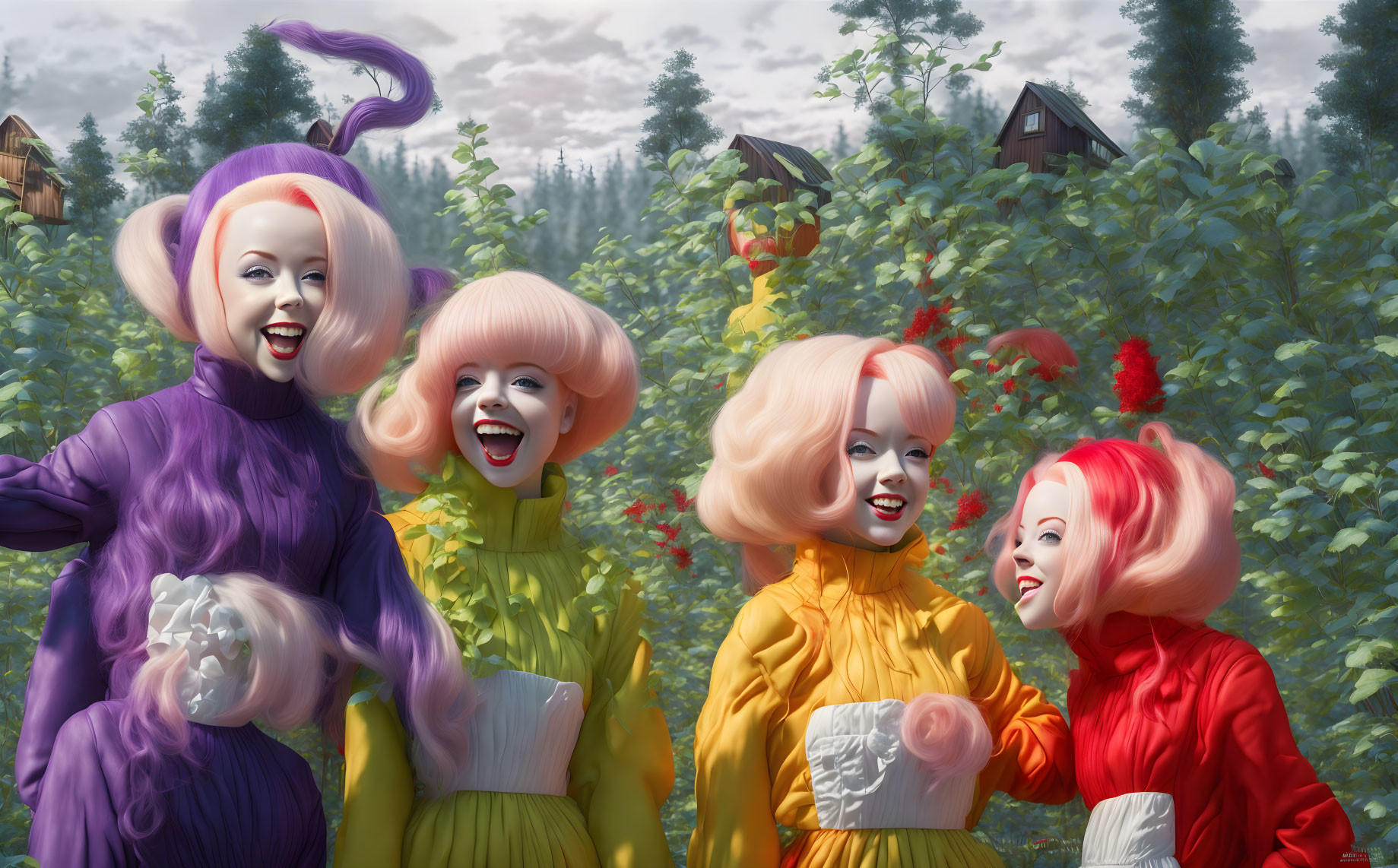Colorful clowns with vibrant hair in garden setting