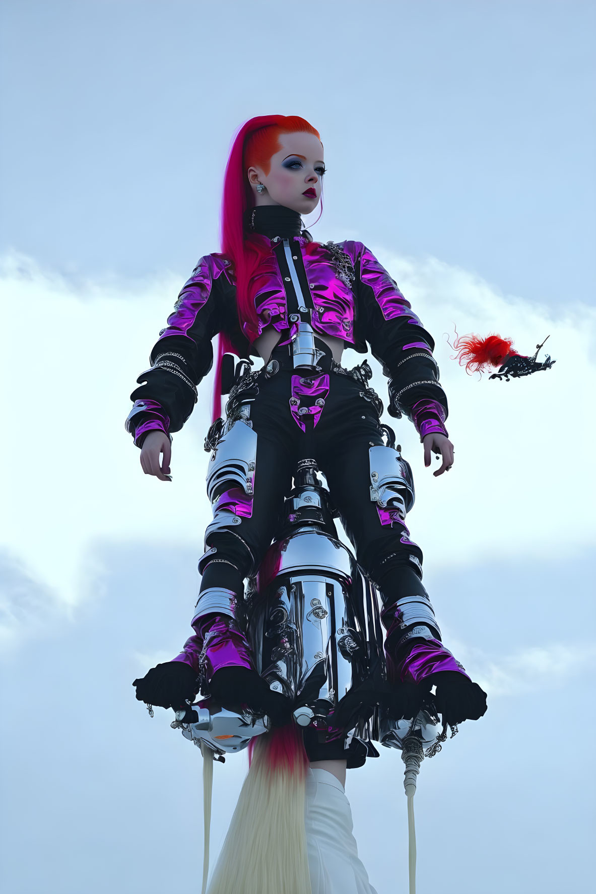 Colorful Stilt-Walker in Futuristic Pink and Black Outfit
