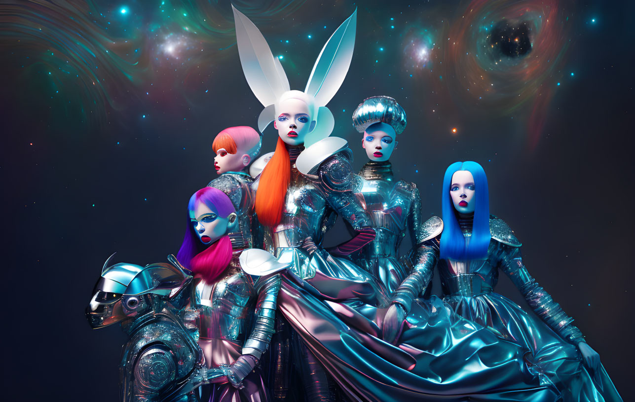 Vibrant hair colors and avant-garde outfits on futuristic fashion models posing with a robotic figure against