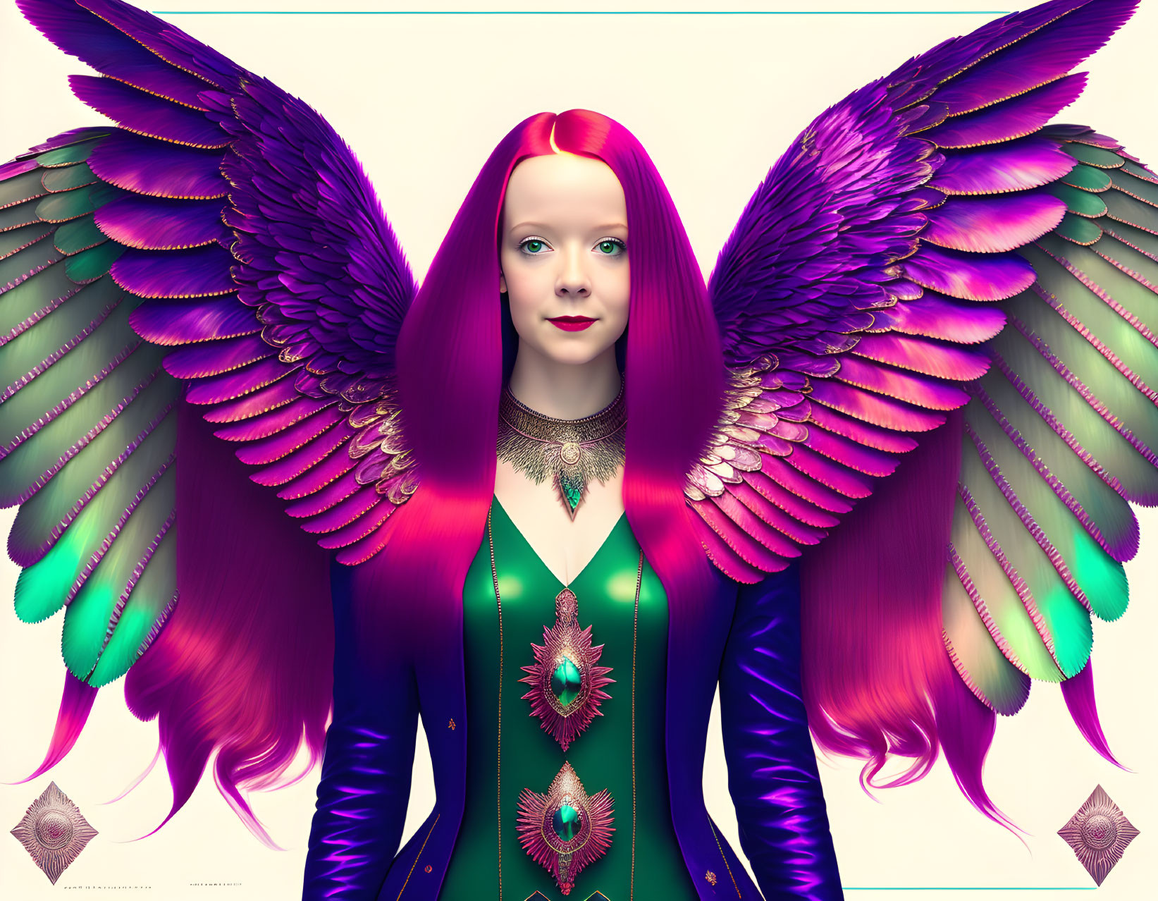 Digital Artwork: Woman with Purple and Green Wings, Red Hair, Colorful Clothing