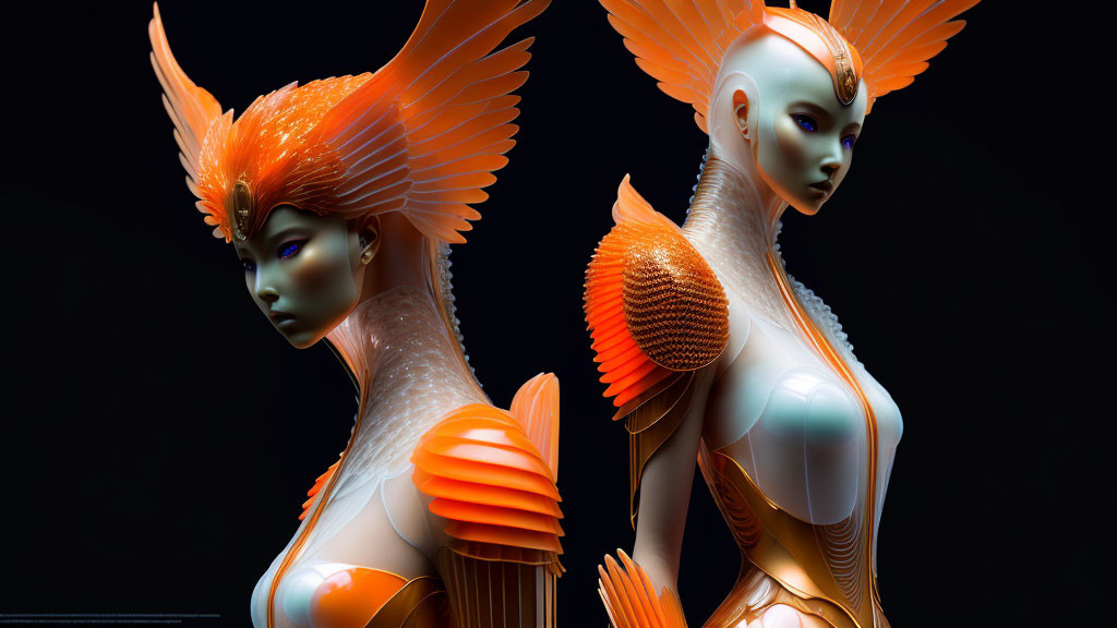 Stylized humanoid figures with orange and white feather-like detailing and ornate headdresses on dark background