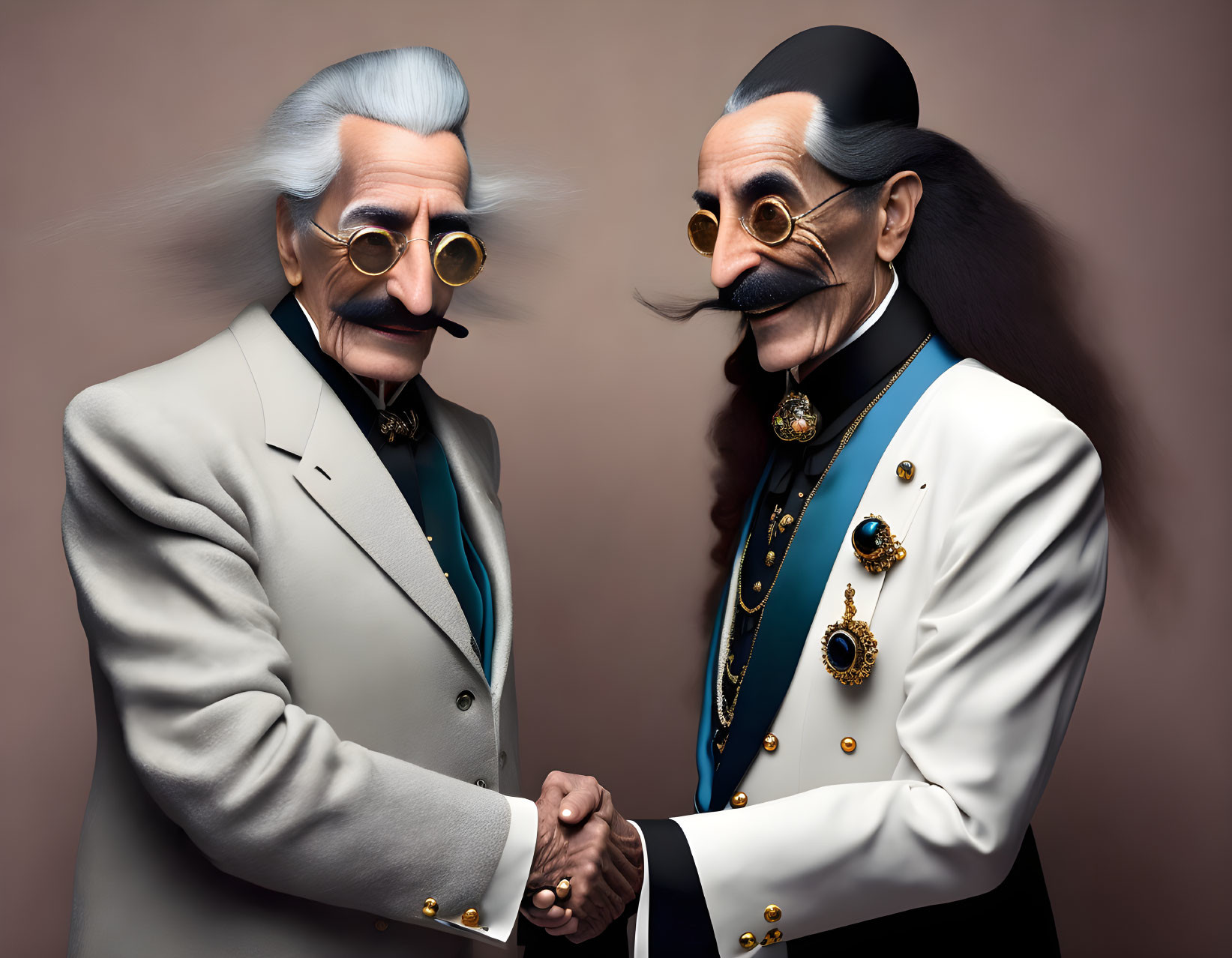 Stylized elderly male figures in suits and medals shaking hands