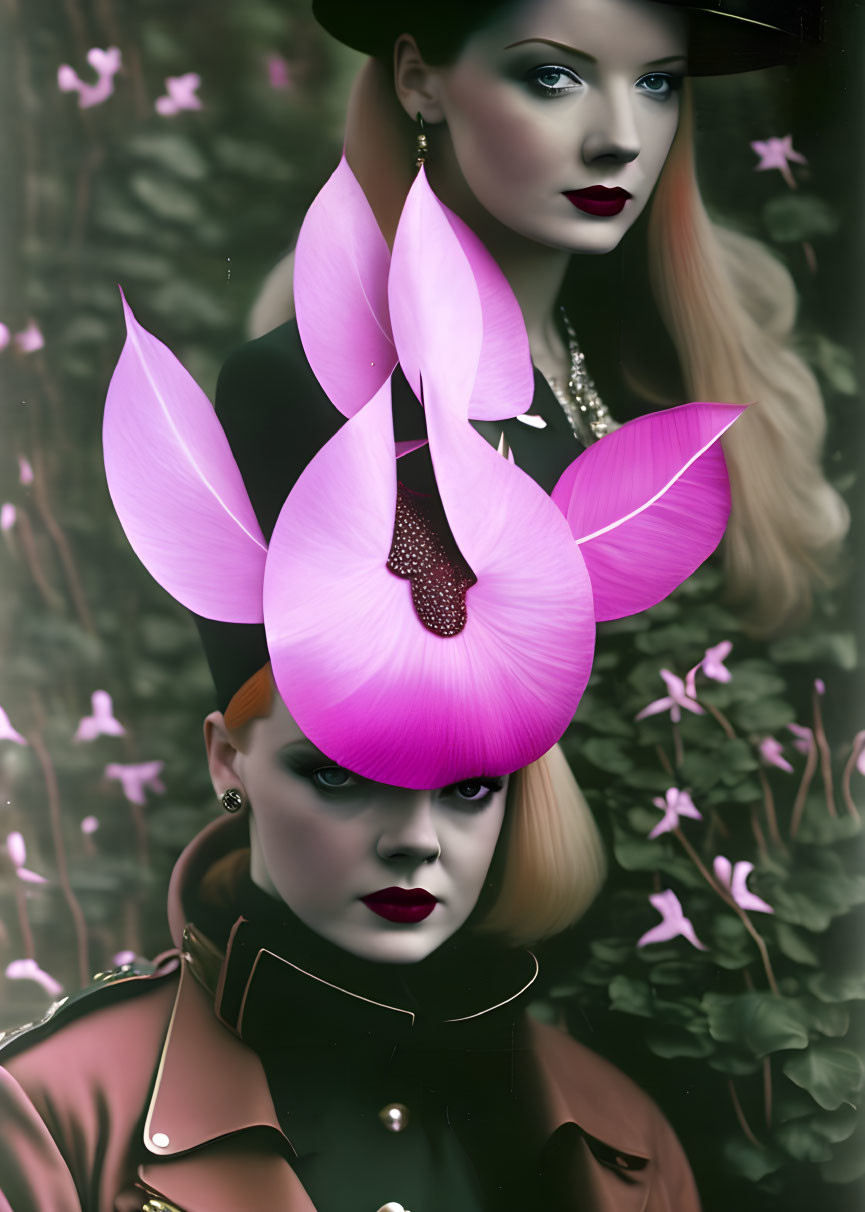 Stylized portraits of a woman with pink floral hats against green foliage