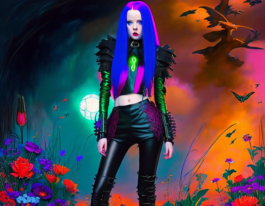 Colorful digital artwork: stylized woman with blue hair in gothic attire amidst vibrant flowers.