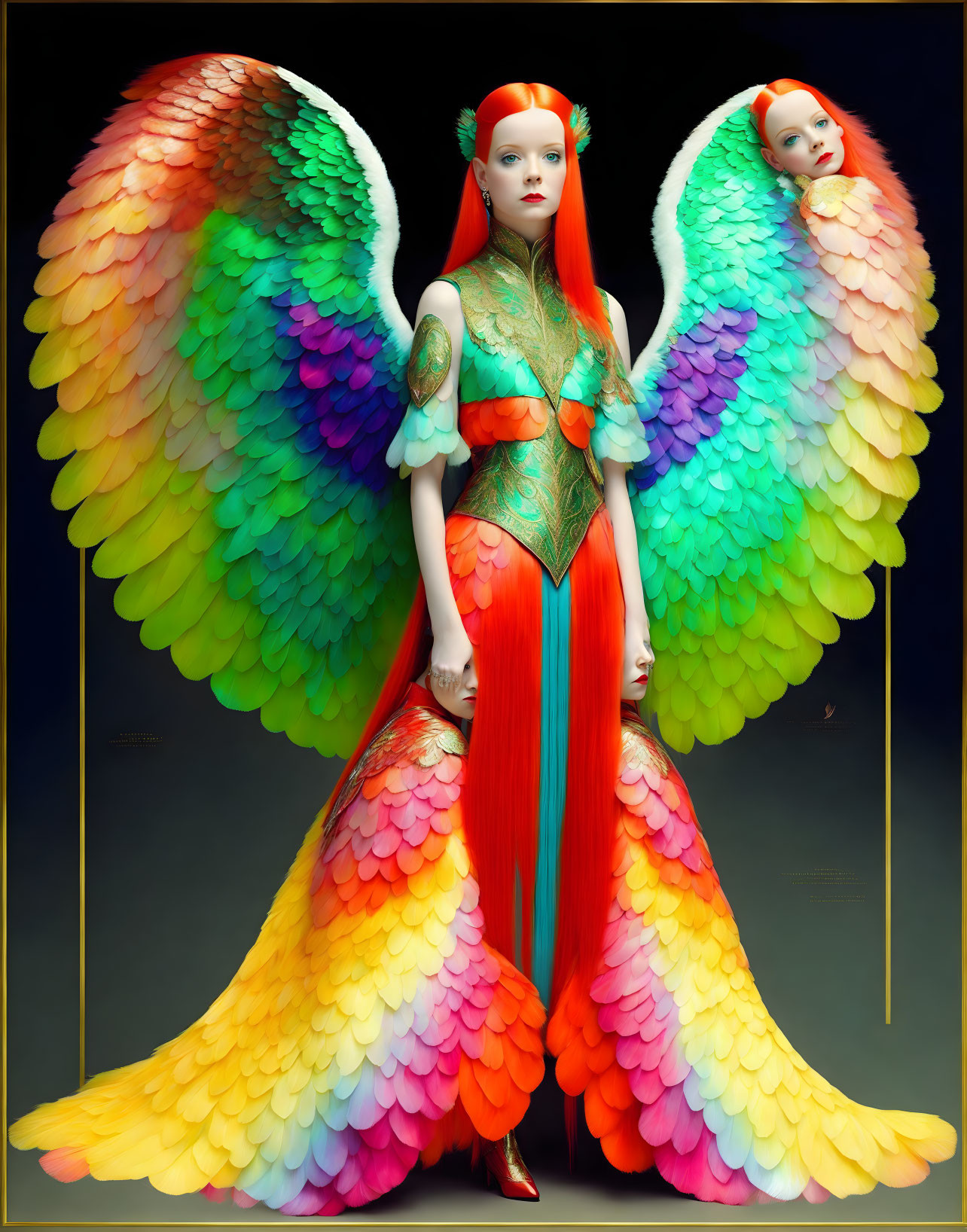 Colorful surreal image of woman and smaller figure with multicolored wings.