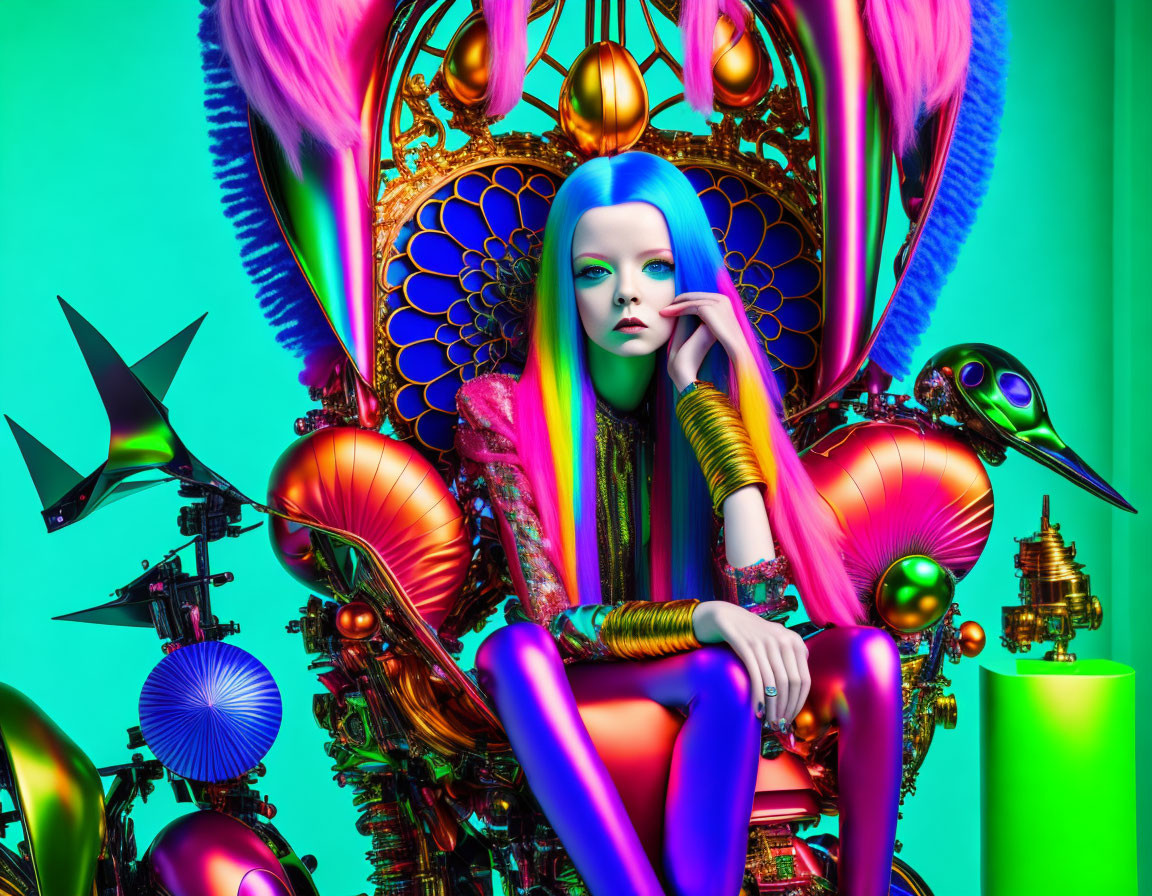 Colorful futuristic digital art: Blue-skinned figure on ornate throne