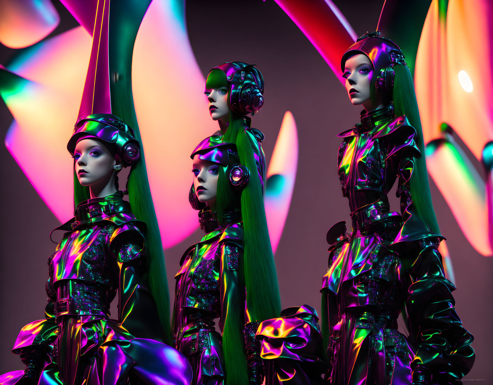 Four futuristic female mannequins in iridescent suits and elongated headdresses on colorful abstract
